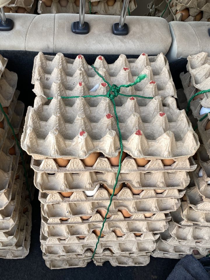 Stacks of egg crates tied and packed in a car for delivery