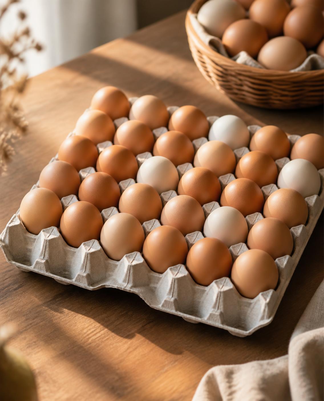 A tray of 30 fresh brown and white eggs