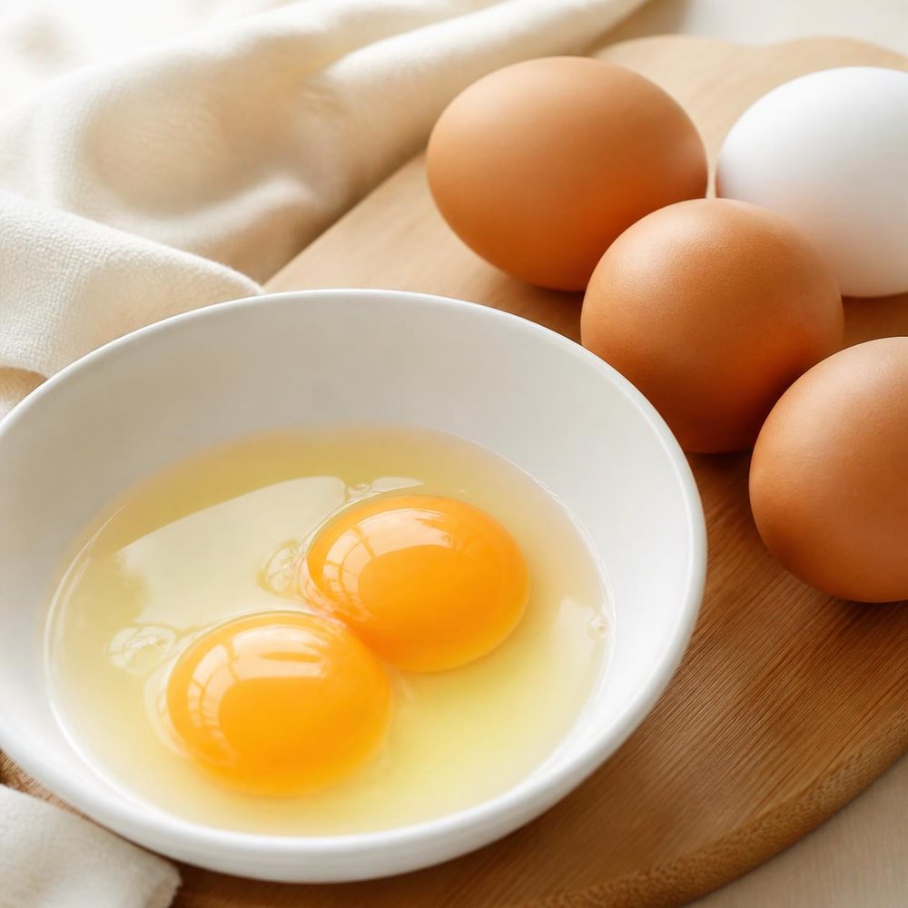Two cracked eggs with deep yellow yolks in a white bowl